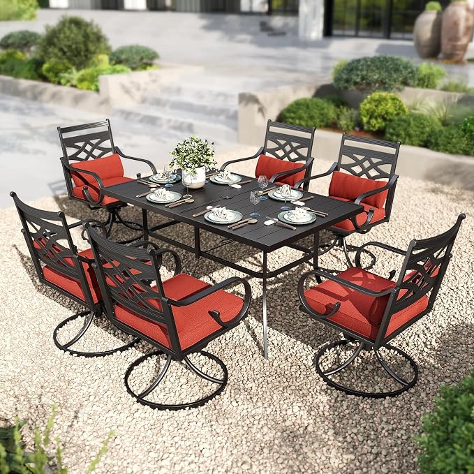 PHI VILLA Patio Dining Set, Swivel Chairs, Metal Table | Metal chairs, Red Cushion, Umbrella Hole, Cushions, E-coated