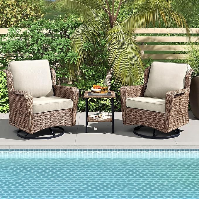 3 Piece Patio Furniture Set,Outdoor Wicker Swivel Chair Set with Side Table, All-Weather Cushioned Patio Conversation Set for Small Spaces, Porch, Balcony, Beige