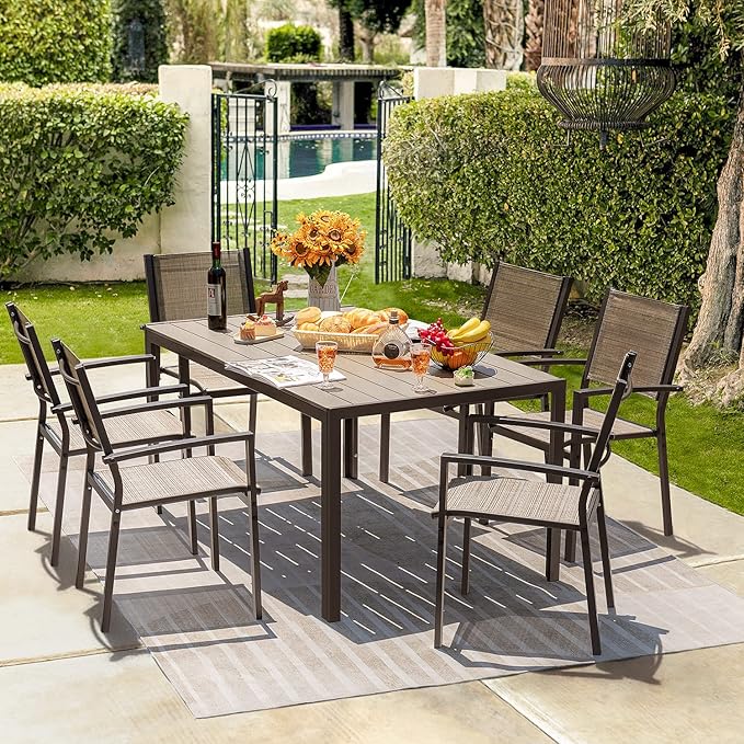 Homall 7 Pieces Patio Dining Set Outdoor Furniture with 6 Stackable Textilene Chairs and Large Table for Yard, Garden, Porch and Poolside (Beige)