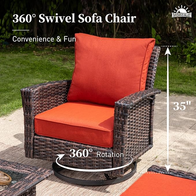 Patio Wicker Swivel Chairs Set of 2, Outdoor High Back Chairs with 5.5" Waterproof Cushions and Side Table, Outdoor Furniture Set for Deck Porch and Yard, Red