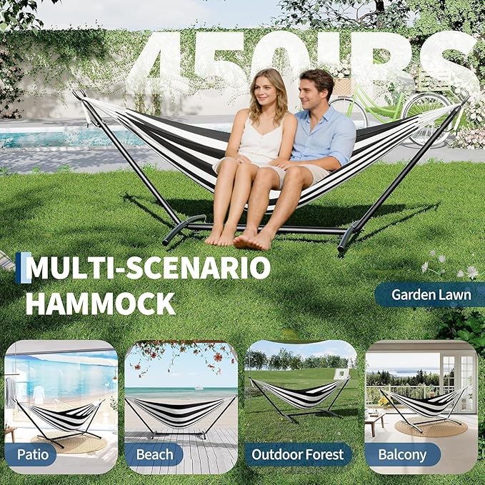 TrailBlaze Double Hammock with Stand, Heavy Duty Portable Steel Hammock Set for Outdoor and Indoor Use, 500lb Capacity, Includes Carrying Bag, Space Saving Design,Quick Assembly