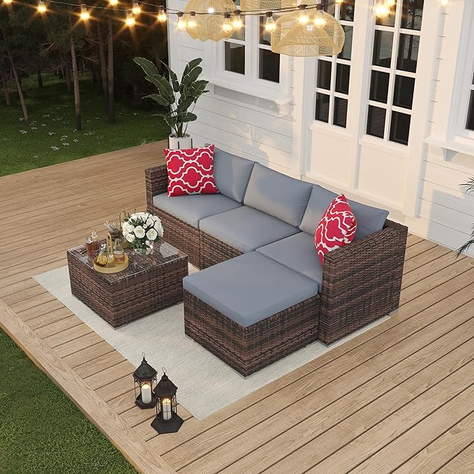 GAOMON Patio Furniture Sets 5 Pieces, PE Wicker Modern Patio Conversation Set with Storage Cushions for Poolside, Deck, Balcony (Brown/Light Grey)