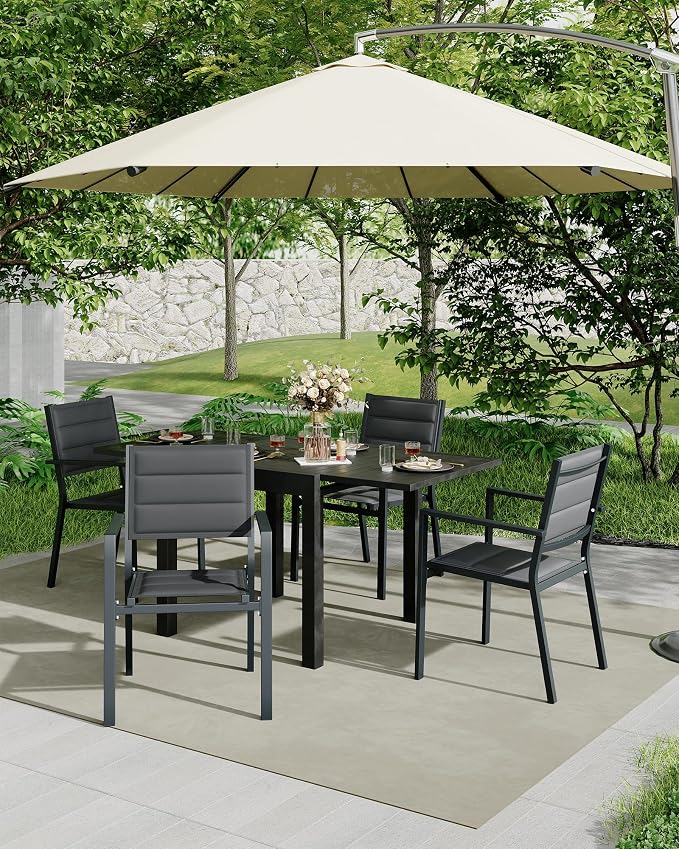 4 Piece Aluminum Patio Stackable Dining Chairs Set, Outdoor Metal Lightweight Stacking Dining Chair with Textilene Fabric, for Backyard Lawn Deck Poolside Porch Bistro, Dark Grey