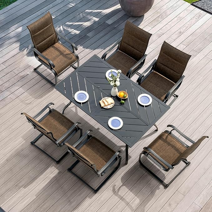 NUU GARDEN 7 Piece Patio Dining Set, 6 Padded Textilene Chairs and 61 Inch Rectangular Table with Umbrella Hole, Outdoor Dining Furniture for Garden and Patio, Brown and Black