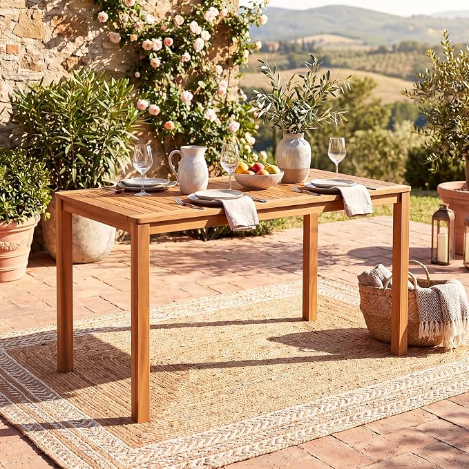 HAPPYGRILL Acacia Wood Patio Dining Table for 4-6, Outdoor Table with Slatted Tabletop, Rectangular Outside Table for Garden Balcony Deck