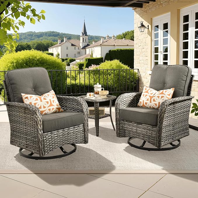 ovios 3-Piece Patio Furniture Set, Outdoor Wicker Sofa with Swivel Chairs, High Back Rattan Gliders Rocker with Comfy Cushions for Porch Yard Deck, Black