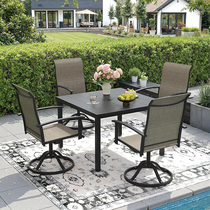 DIFY 5 Pieces Outdoor Dining Set, Metal Patio Table and Chairs Set for 4 with Umbrella Hole, 40.2" Black Square Table and Brown Textilene Swivel Patio Chairs for Garden, Backyard, Poolside