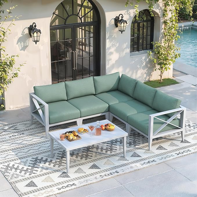 Aluminum Outdoor Patio Furniture Set,5-Seats Conner Patio Sectional Conversation Sofa with 5.2" All-Weather Cushions and Coffee Table,Rust-Resistant Frame Sofa for Deck, Porch, Garden (White)