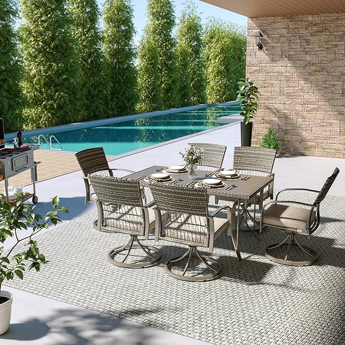 Pamapic 7-Piece Outdoor Dining Set with Swivel Rocker Chairs, Wicker Patio Furniture for 6, Poolside Garden Deck with Iron Table & Removable Cushions(Beige)