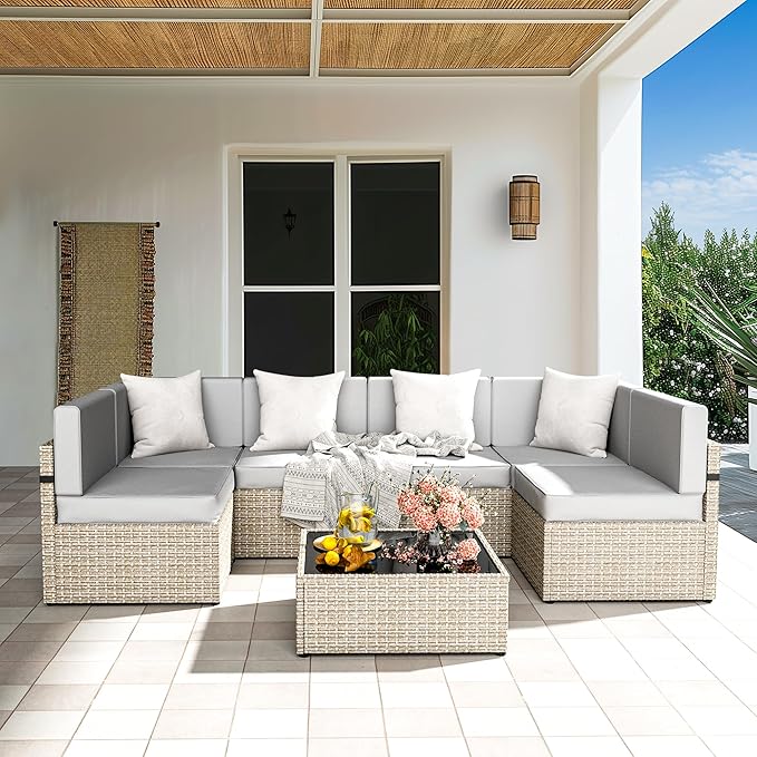 Pamapic Patio Furniture Set, 7 Pieces Modular Outdoor Sectional,Wicker Patio Sectional Sofa Conversation Set, Rattan Sofa with Coffee Table and Washable Cushions Covers, Grey Rattan(Grey Cushions)