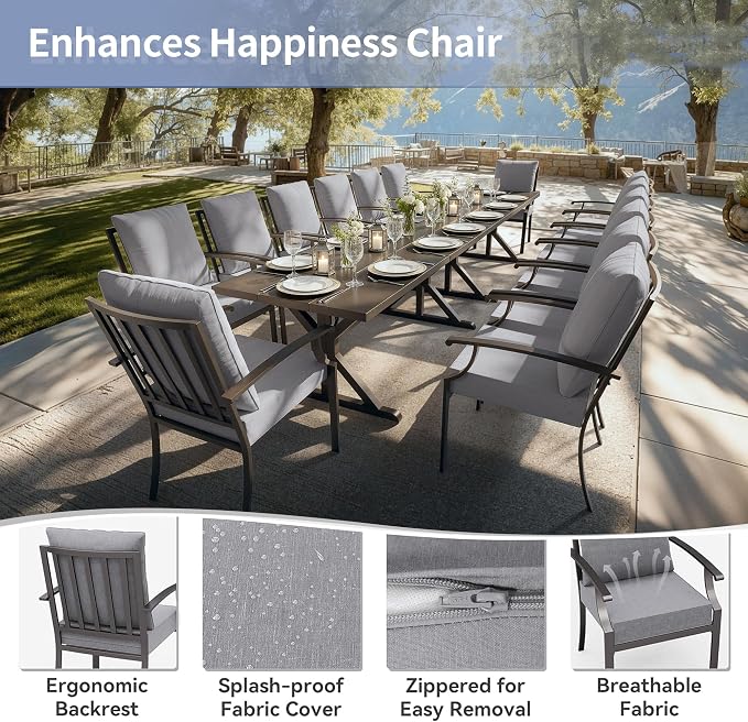Kullavik 16 Pieces Outdoor Dining Set,Patio Dining Table and Chairs Set for 14,Fence Pattern Back Chairs with Thickened Cushions & X-Frame Metal Dining Table with Umbrella Hole for Patio,Grey