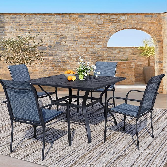 5 Piece Outdoor Dining Set, Patio Table and Chairs Set of 4, 37.5" Black Square Patio Table with 4 Blue Stackable Patio Chairs for Lawn, Garden, Porch