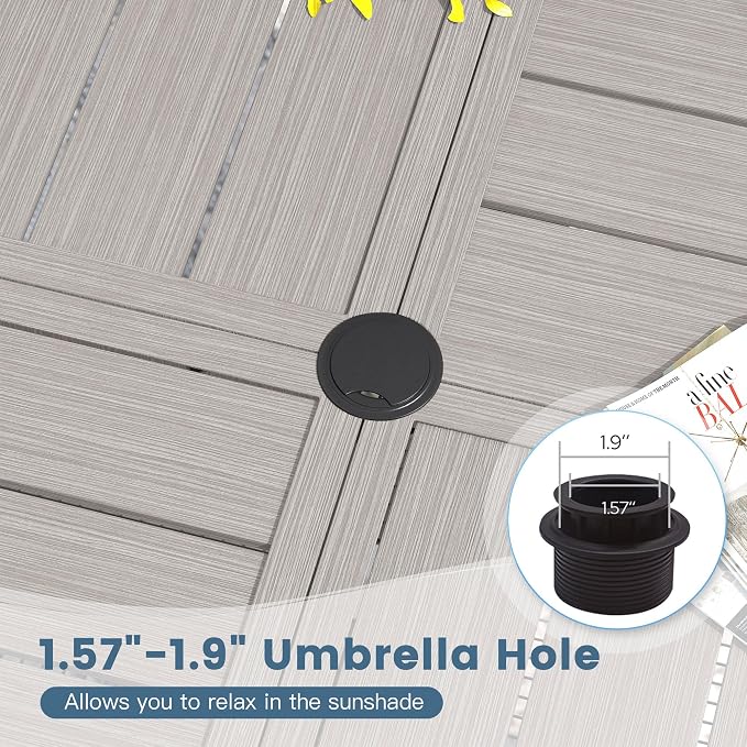 DIFY 40.6" Round Outdoor Patio Dining Table for 4, All-Weather Metal Steel Slatted Patio Table with 1.57" Adjustable Umbrella Hole, for Lawn Garden Porch Backyard, Grey Wood-Like