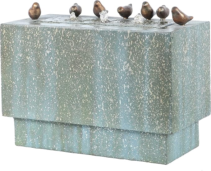 LuxenHome 24 Inch Outdoor Water Fountain, Resin Stone and Patina Rectangular Water Fountains Outdoor and Indoor with LED Lights, Floor Stacked Waterfall Fountain with Birds Garden Fountains Decor