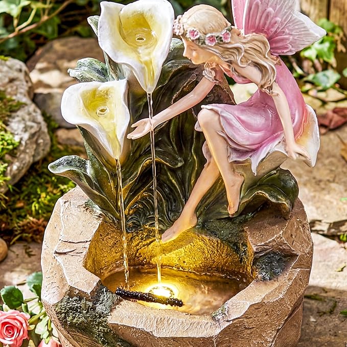 26-Inch Outdoor Water Fountain, Garden Flower Fairy Resin Waterfall Fountain with LED Light, Elegant Fantasy Outdoor Water Feature for Backyard, Lawn, Deck, Patio, Balcony in Pink, Gift Ideas