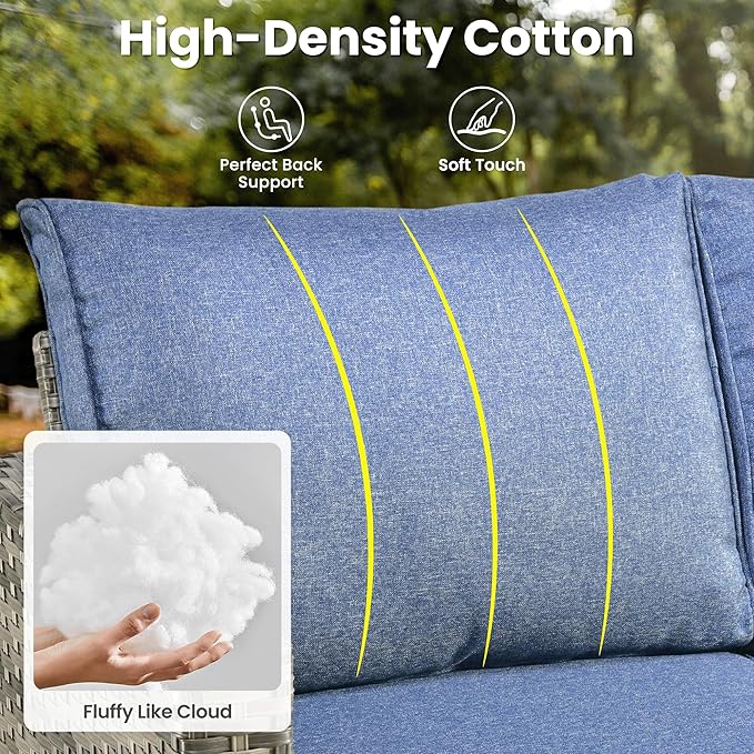 ovios 6 Pieces Patio Furniture Set, Outdoor Wicker Sofa Couch with Rocking Swivel Chairs Comfy Cushions, Modern Deep Seat Rattan Conversation Sets for Deck Porch, Denim Blue