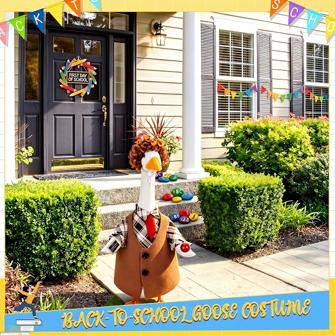 FuWeave Back to School Porch Goose Outfit Set for Plastic Statue Lawn Porch Goose Clothes with Schoolbag for Patio Decor