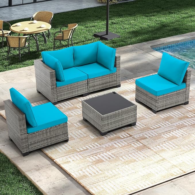 CANMOV 5 Pieces Patio Furniture Sets, All Weather Outdoor Patio Conversation Set, PE Wicker Rattan Sectional Sofa Couch Glass Coffee Table Washable Cushions for Backyard, Porch, Poolside, Peacock Blue