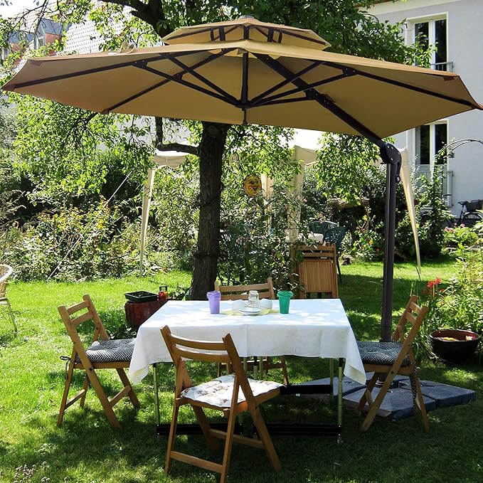 Sunnyglade 11FT Double Top Cantilever Patio Umbrella Deluxe Offset Umbrella 360° Rotation & Integrated Tilting System Heavy Duty Outdoor Umbrella for Market Garden Deck Pool Backyard Patio(Tan)