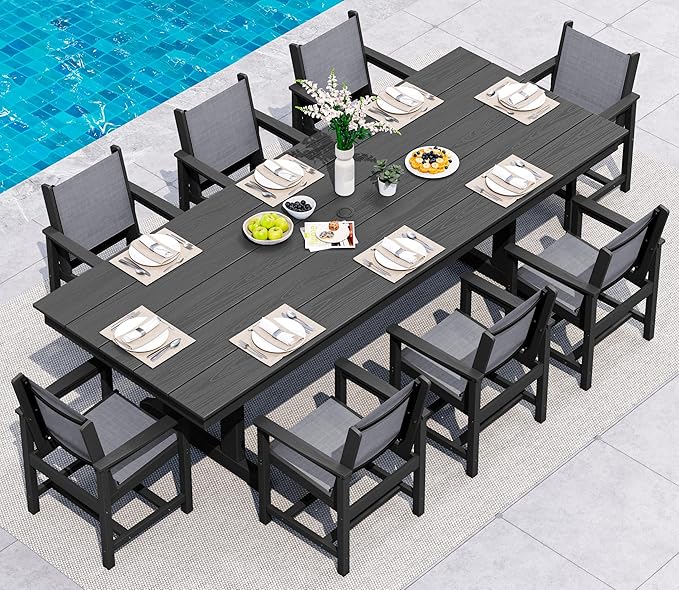 SERWALL 9 Piece Outdoor Dining Set, 84" HDPE Outdoor Large Table and Textilene Sling Chairs for 8，All Weather Patio Dining Furniture Set with Umbrella Hole for Backyard, Garden, Black
