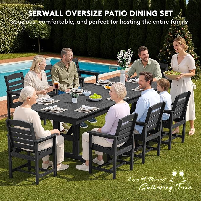 SERWALL 10 Piece Outdoor Dining Set with 15ft Triple-Head Foldable Umbrella(Based not Included), 84" HDPE Outdoor Table and Chairs for 8, Black