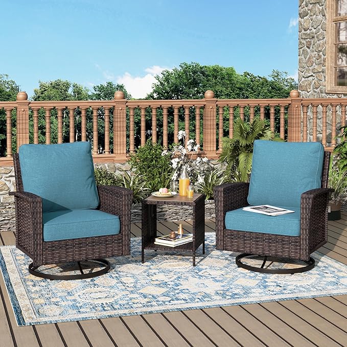 Outdoor Swivel Patio Chairs Set of 2 with Side Table, 3 Piece Wicker Highback Patio Bistro Set with Cushions for Deck Porch, Navy Blue