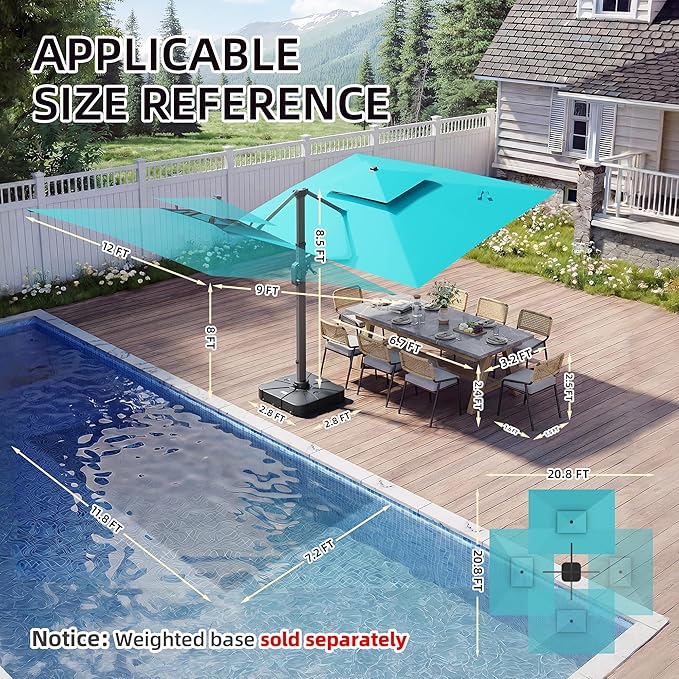 9 X 12 FT Cantilever Patio Umbrella with Led Lights Heavy Duty Outdoor Double Top Large Rectangle Offset Umbrellas with 360-degree Rotation for Garden Pool Deck Backyard, Turquoise