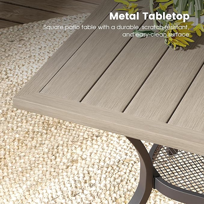 DIFY 5 Pieces Outdoor Dining Table Chair Set, Patio Dining Set with 1 Grey Wood-Like Square Curved Legs Table with and Umbrella Hole & 4 Grey Stackable with Armrests Chairs for Lawn, Garden, Porch