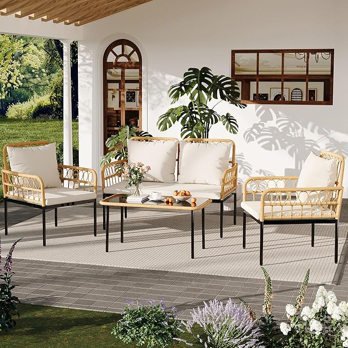 GarveeLife 4 Pieces Patio Furniture Sets Wicker Outdoor Patio Table and Chairs Set with Glass Side Table, Loveseat Chairs, Boho Rattan Conversation Sets for Backyard, Bistro, Apartment, Porch, Beige