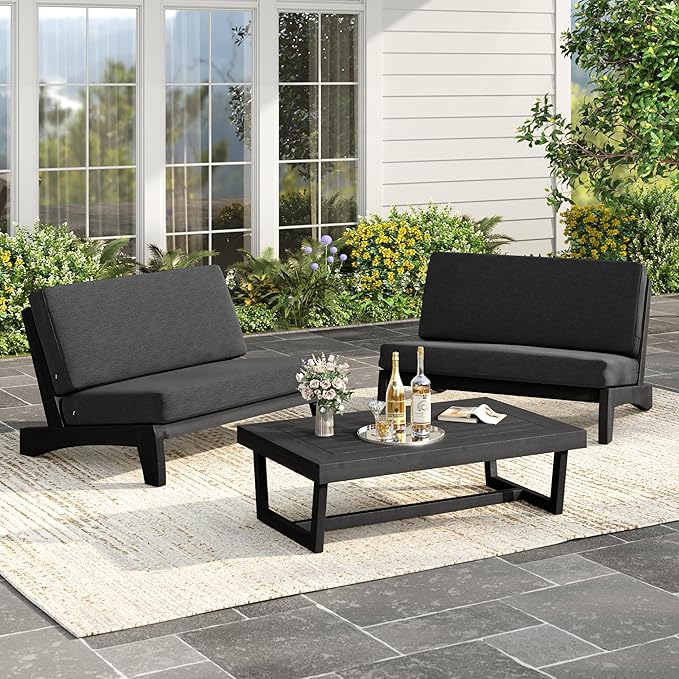 UIXE Black Wood Patio Furniture Sets, 3 Pieces All Weather Patio Loveseat Sofa Outdoor Sectional Futniture Backyard Conversation Set with Solid Wooden Coffee Table - Dark Gray