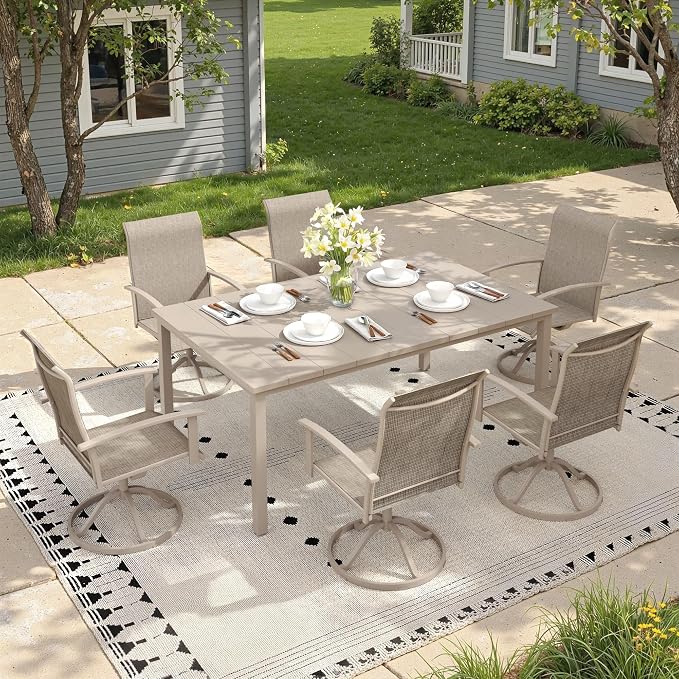 Outdoor Dining Table for 6, 63" Rectangle Outdoor Table with Adjustable Umbrella Hole, All-Weather Metal Patio Dining Table for Lawn Garden Backyard Deck, Sandshell