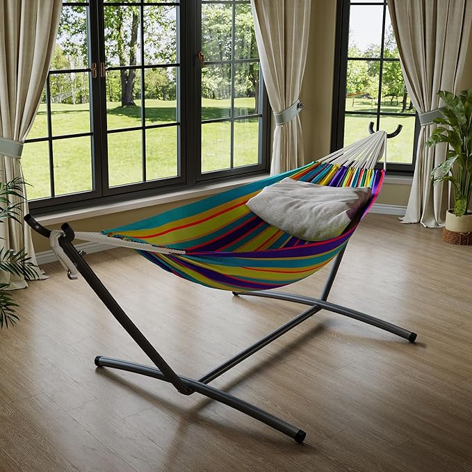 Hammock with Stand for Outside，450 lb Weight Capacity Double Hammock，Heavy Duty Steel Frame，Premium Carry Bag, Portable Hammock for Indoor, Patio, Beach - Tropical