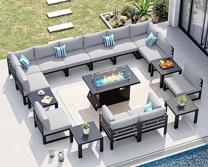 NICESOUL 17 Piece Oversized Aluminum Outdoor Patio Furniture Set with Fire Pit Table & Coffee Table, 29" Wide Deep Sectional Sofa, 500 lbs Heavy Duty Comfortable Conversation Set for Deck, Light Gray