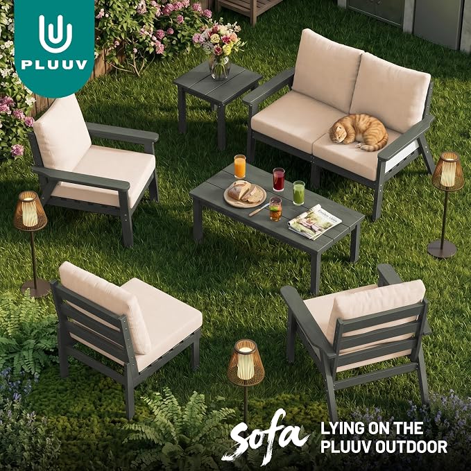 PLUUV 4-Piece HDPE Patio Sofa Set, All-Weather Outdoor Sectional Furniture with Thick Cushions, Modular Couch Set for Deck, Lawn, Gray Frame with Khaki Cushion