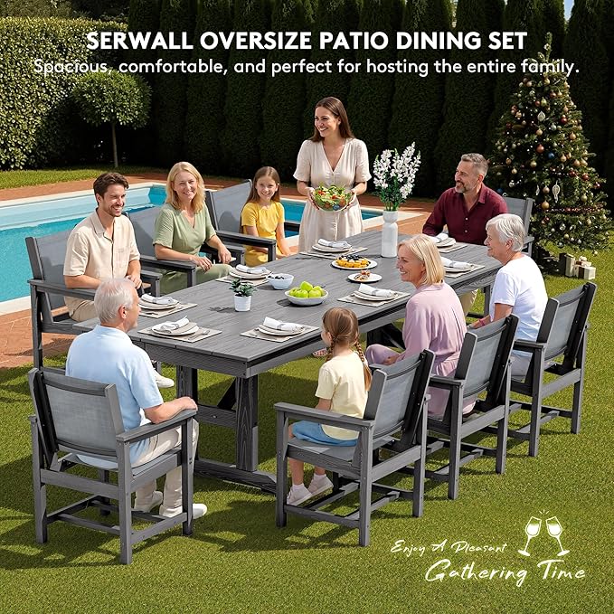 SERWALL Outdoor Dining Chairs Set of 2, All-Weather HDPE Textilene Sling Dining Chair for Backyard, Garden, Gray