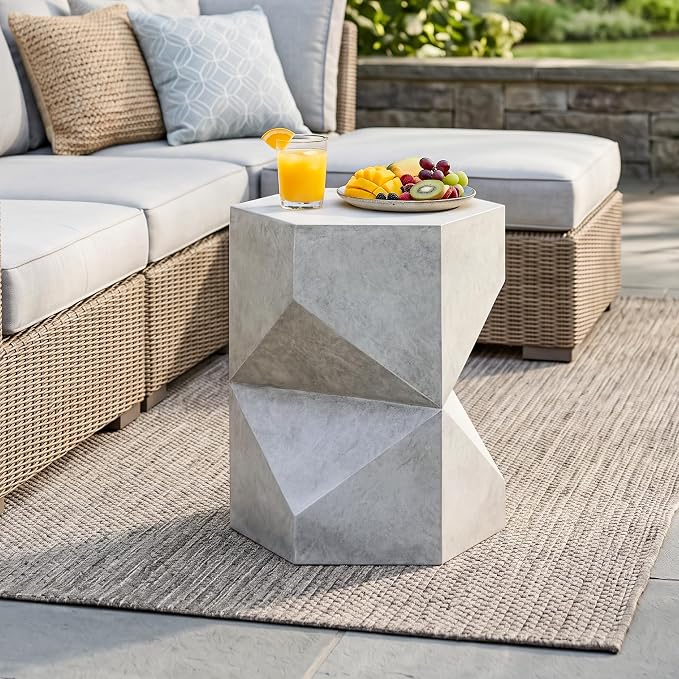 SUNBURY Outdoor Side Table, 18" Hexagon End Table Gloss Finish w Geometric Pedestal, Patio Concrete Accent Table Modular Design Decor, Lightweight Garden Stools for Balcony, Porch, Living Room, Grey