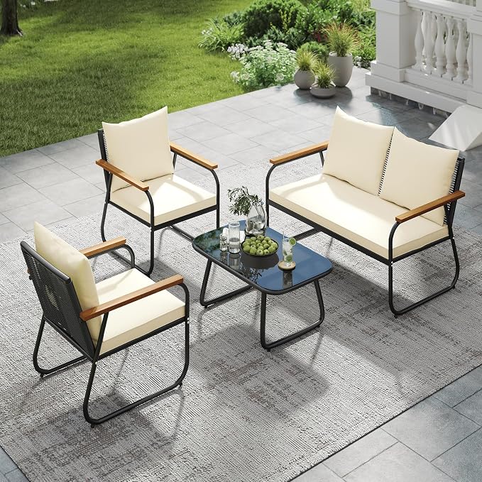 Tangkula 4 Pieces Wicker Patio Furniture Set, Outdoor Conversation Set with Tempered Glass Coffee Table, Rattan Cushioned Chairs with Acacia Wood Armrests for Garden, Yard and Poolside (Off White,2)