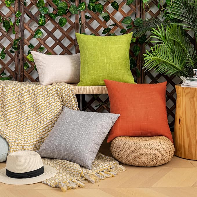 Kevin Textile Outdoor Waterproof 20”x20” Pillow Covers 2 Pack, Orange | Water Resistant, Soft Faux Linen-cotton Yarn-dyed Woven Texture Throw Pillow Covers for Tent Patio Garden Couch Sofa