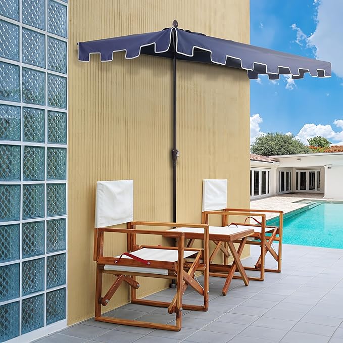 JONATHAN Y Sidney Coastal 9 ft. Navy Half Umbrella for Outdoor Patio, Space-Saving Rectangular Wall Sun Shade with Crank Lift, UV Protection for Balcony, Deck, Dark Brown Pole UMB1200C