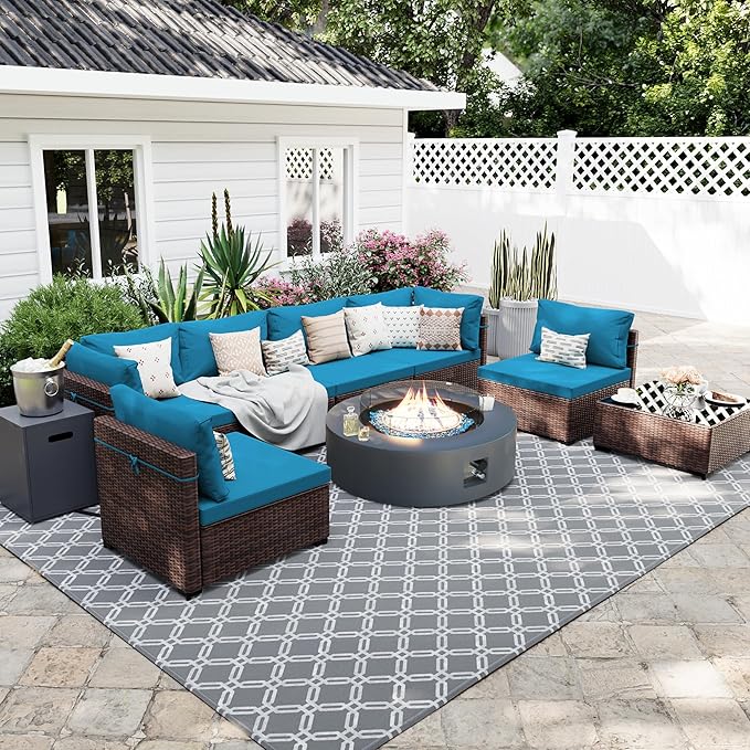 UPHA 9 Pieces Patio Furniture Sets, Wicker Outdoor Sectional Sofa Couch with Round Propane Pit for Deck Backyard Garden, Brown Rattan, Deep Lake Blue Cushion