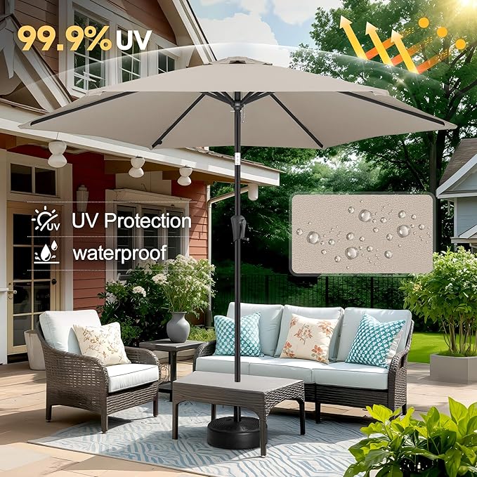 FLAME&SHADE 10ft Patio Umbrella - Outdoor Umbrella with 6 Sturdy Ribs, Push Button Tilt and Crank, UV Protection Table Market Umbrella for Pool, Porch, Garden, Deck, Backyard (Taupe)