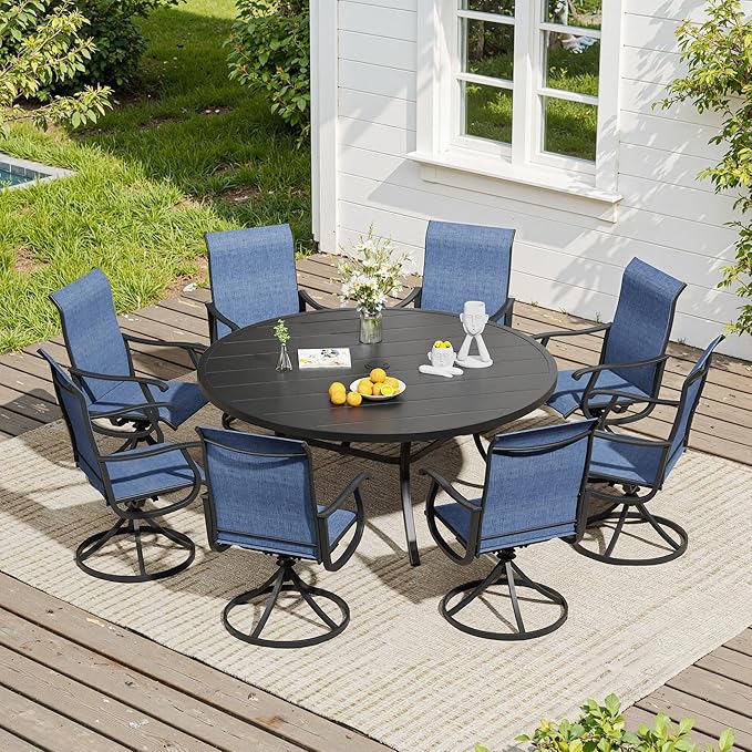 VICLLAX 9 Pieces Outdoor Dining Set, Patio Furniture Set of 8 Patio Swivel Dining Chairs and 60" Patio Round Table, Navy Blue Chairs & Black Tabletop