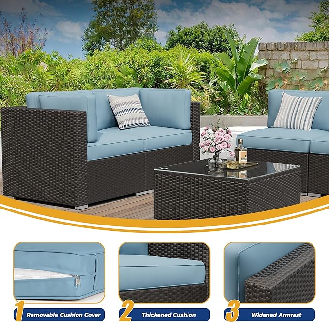 8 Pieces Outdoor Patio Furniture Set with Waterproof Cover, Black Brown Wicker Patio Sectional Sofa Set, Outdoor Couch with Cushion and Tempered Glass Table, Sky Blue