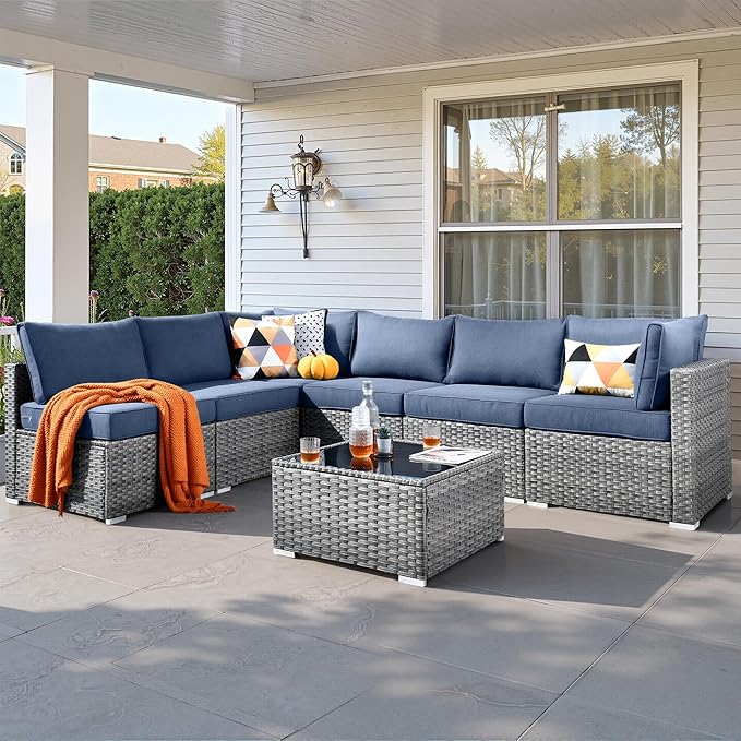 7 PCS Outdoor Patio Furniture Sets,Wicker Weather Resistant Patio Conversation Set with Comfy Cushions,Modular L Shaped Sofa with Coffee Table for Yard Backyard Porch Garden Poolside,Denim Blue