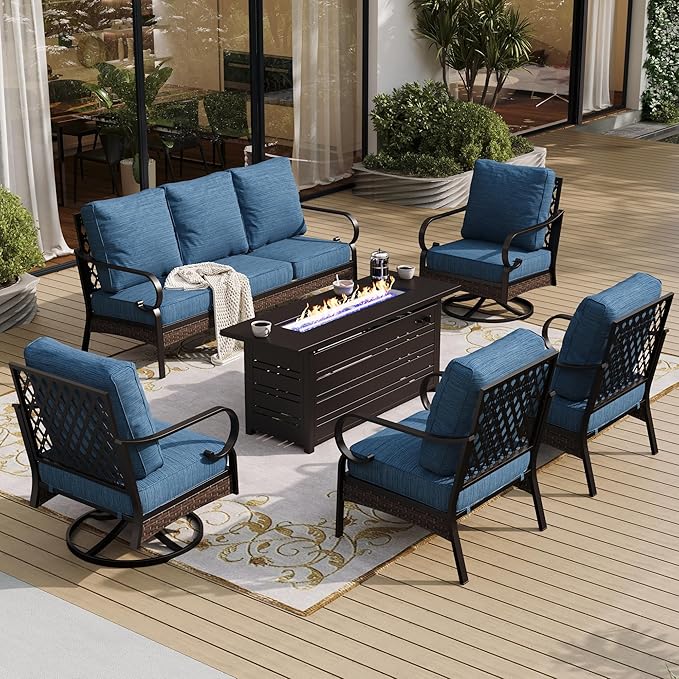 6 Piece Black Metal Outdoor Patio Furniture Sets with Firepit Table, Patio Conversation Sets 1 3-Seater Sofa, 2 Leg Sofa and 2 Swivel Chair with 5.75" Cushion for Backyard Deck, Blue-2