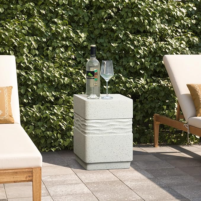 LuxenHome Outdoor Side Table for Patio, Off White with Speckled Gray Square Cement Side Table, 18 Inch End Table for Garden, Outdoor Coffee Table, Garden Stool, Accent Table for Indoor and Outdoor