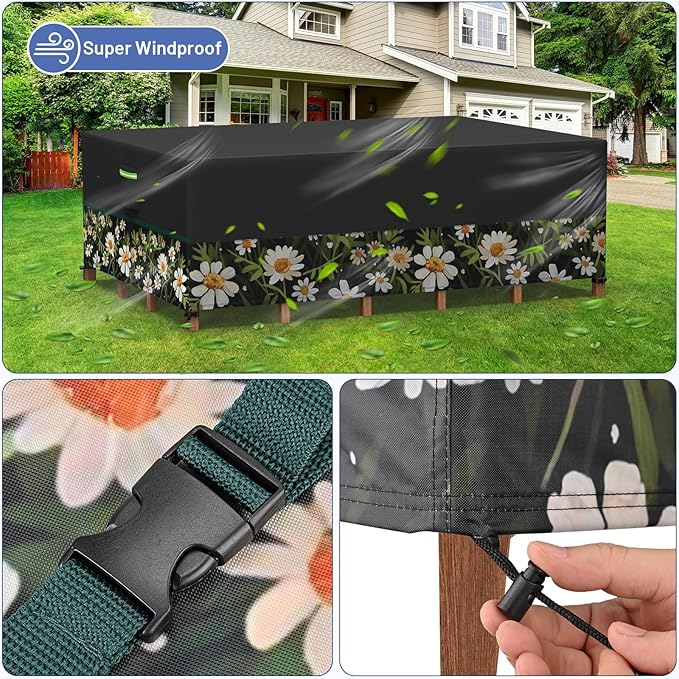 Patio Furniture Covers, Gorpche Outdoor Furniture Covers Waterproof, Tear-Resistant Patio Table and Chair Set Cover with Upgraded Fastener Windproof Buckle Straps, Heavy Duty, 90"L× 62"W×28"H, Floral