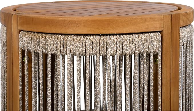 GDFStudio 16.9" Acacia Wood Outdoor Side Table, Patio Accent Table with Handwoven Rope Details, Slatted Design, Boho Minimalist Style, Durable Small Coffee Table for Balcony, Garden, Porch