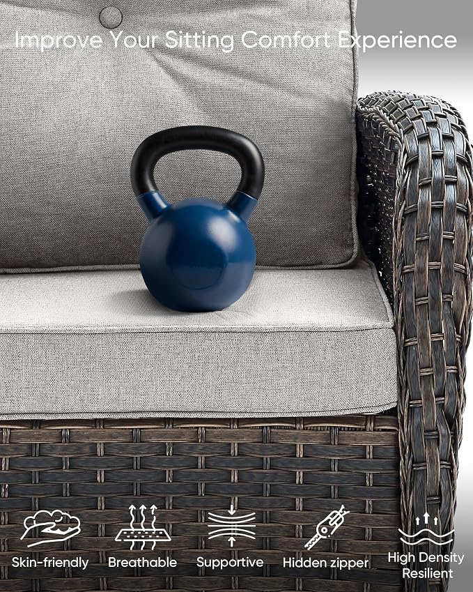 HUMMUH Luxury Patio Furniture Set with High Back Swivel Rocker Chairs & 3 Seater-Couch & Steel Fire Pit Table & Ottomans 7 Pieces Outdoor Conversation Set for Porch,Deck,Backyard