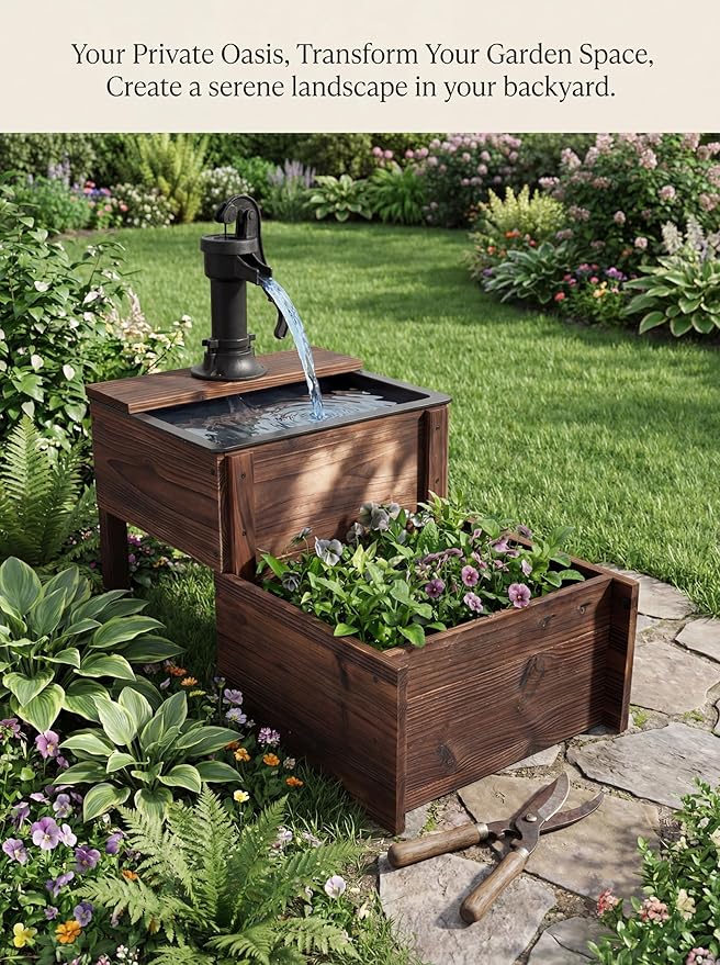 Outdoor Water Fountain，Floor Wooden Rectangular Double-Layer Old-Fashioned Pump Fountain with Flower Box，Plug-in Electric Decorative Hand Pump,Outdoor Water Feature for Garden Patio Backyard